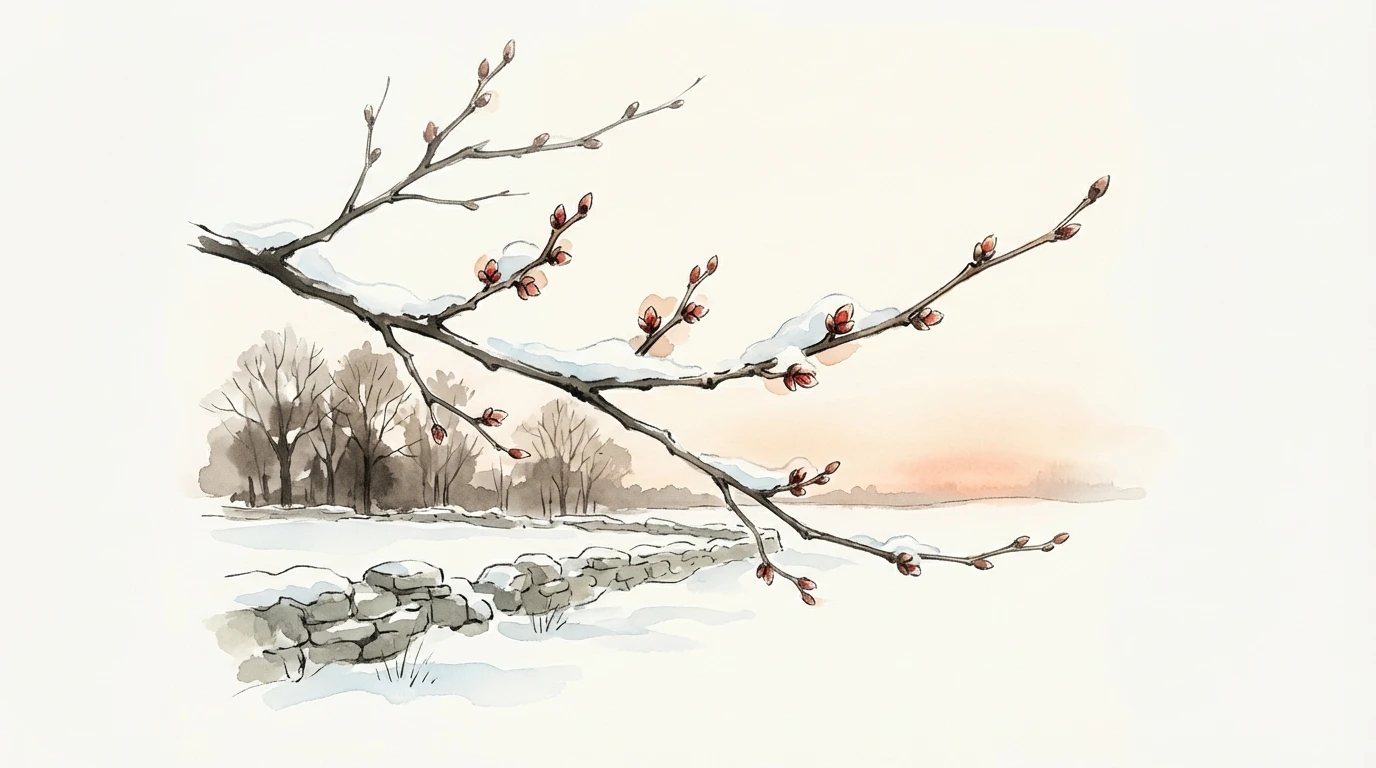 Sumi-e watercolor of budding branches over a snowy landscape at sunset
